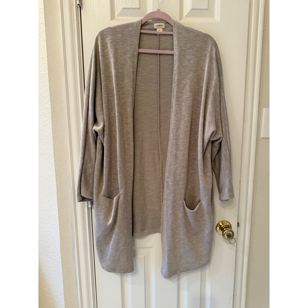 Anthropologie DONNI OSFA Beige Ribbed Knit Open Front Cardigan w Pockets Duster